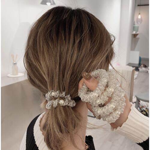 3Pcs/Set Women Gold Silver Elastic Plastic Rubber Telephone Cord Twist Pearl Telephone Wire Line Hair Ties Hair Ring Band
