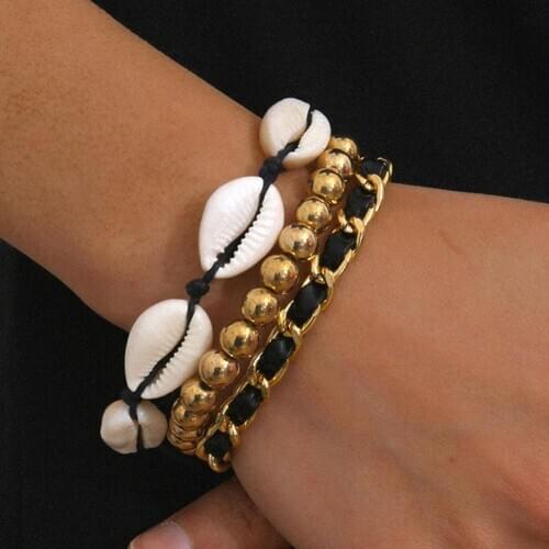 3Pcs Vintage Women Flocking Shell Bead Adjustable Bracelet Bangle Wrist Jewelry Bracelet Bangle Wrist Jewelry Bracelet Bangle Wr