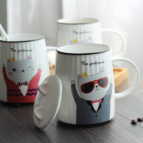 500ml Painting Cat Stripe Cup Ceramic Covered Mug Cup with Lid Office Breakfast Agternoon Tea Coffee Milk Cup