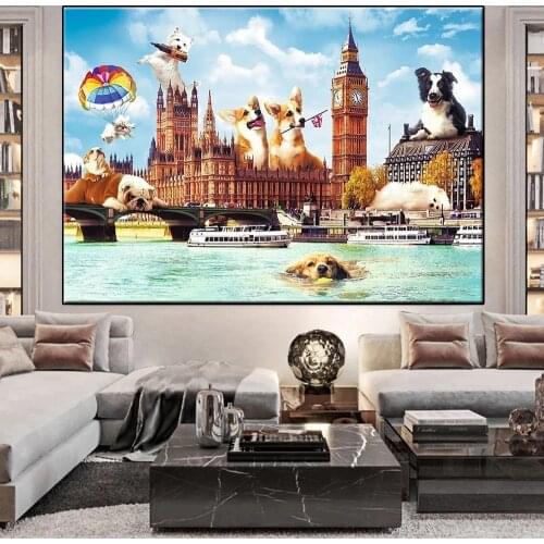5D DIY Diamond Painting London Landscape Big Ben Full Drill Lovely Dog Embroidery Cross Stitch Rhinestone Mosaic Home Decor X114