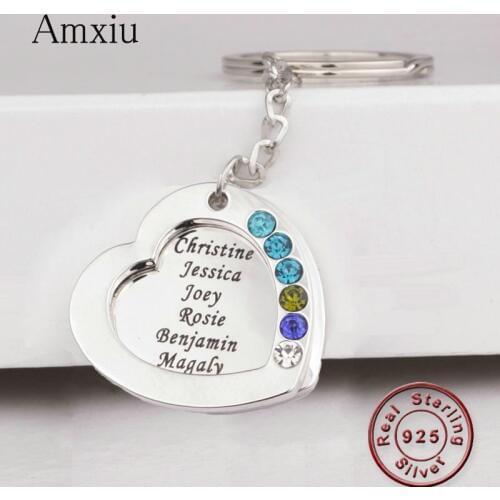 Amxiu Custom Real 925 Silver Keychains Engrave Seven Names Key Chains with Birthstones For Mom Womens Day Gift Keys Accessories
