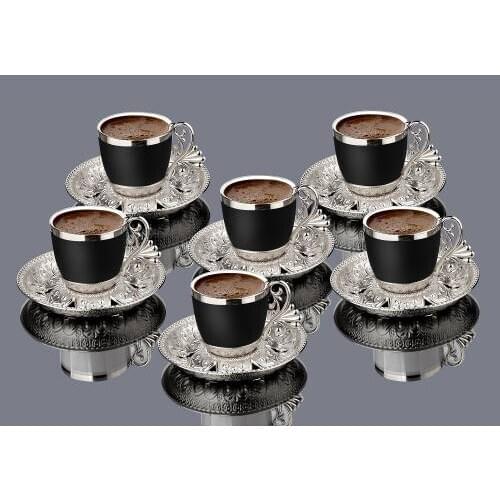 Turkish Coffee Cup Set Matte Black Porcelain and Silver or Gold Colored Best Quality for 6 Guests 12 Pieces