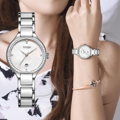DOM Women Wrist Watches Fashion Ceramics Watchband Diamond Watch Top Luxury Brand Dress Ladies Geneva Quartz Clock G-1271D-7M