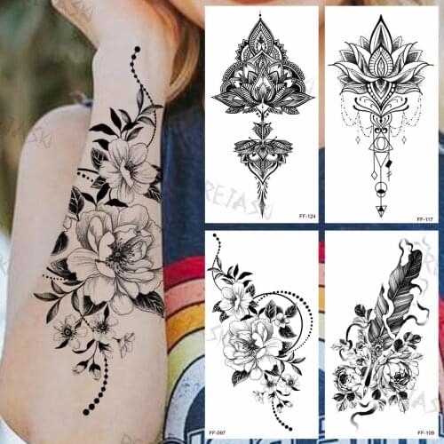 Black Peony Temporary Tattoos For Women Girls Realistic Feather Henna Pendant Fake Tattoo Sticker Waterproof Arm Tatoos Neck