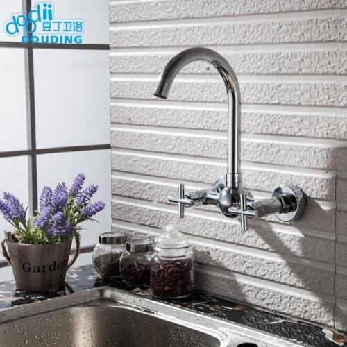 Doodii Free Shipping Wall Mounted Kitchen Faucet 2-Handles Chromed Brass Mixer Tap In-wall tap Hot and Cold mixer