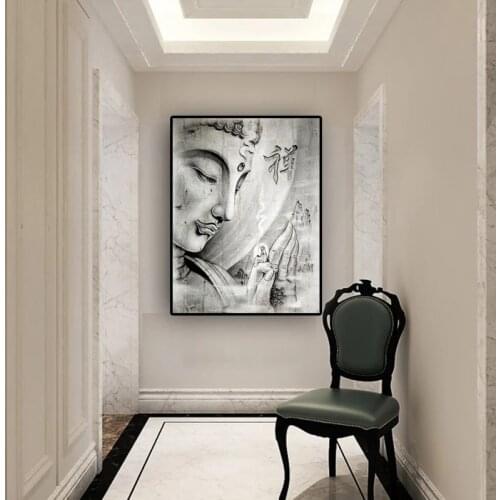 Black White Religion Buddha StatueCanvas Painting Scandinavian Posters and Prints Wall Art Picture for Living Room Cuadros