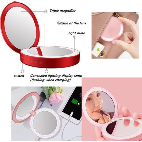 Mini Portable Pocket LED Makeup Mirror With Light Rechargeable Hand Compact 3X Magnifying Make-up Folding Beauty Mirror