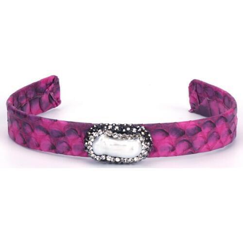 Natural Freshwater Big Pearl Bead Pave Rhinestone Charm Hot Pink Real Leather Wrap Adjustable Open Bracelet Cuff Bangle Women