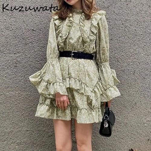 Kuzuwata Elegant Ruffles Patch Print Holiday Dress Women High Waist Hip A Line Slim Vestidos Slim Waist Long Sleeve Robe Spring