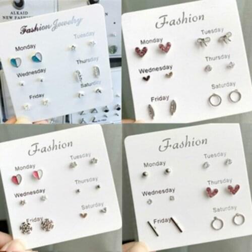 RONGBIN 6 Pair/set, Earrings for Women Leaf Stars Heart Crytal Cute Earrings Fashion Jewelry Monday To Saturday 6 Pairs Earrings