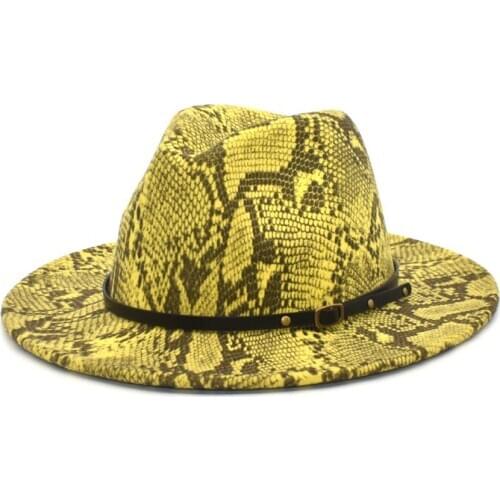 Womens Flat Brim Wool Felt Jazz Fedora Hat Mens Womens Snake Print Leather Band Decoration Trilby Panama Hat F98