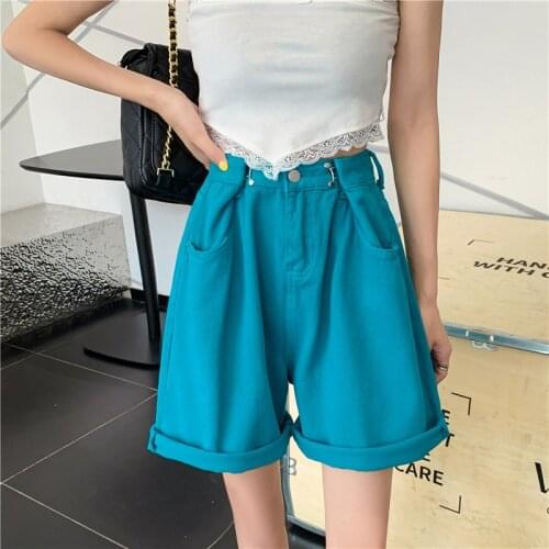New Women Loose Denim Shorts High Waist Rolled Hem Five Point Shorts Jeans Girl Summer Chic Harajuku Wide Leg Pockets Streetwear