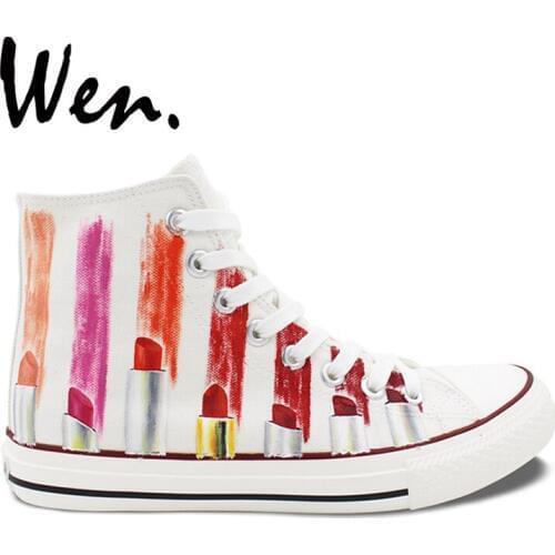 Wen Men Womens Hand Painted Shoes Design Custom Colorful Lipsticks High Top Canvas Sneakers Skateboarding Shoe Plimsolls