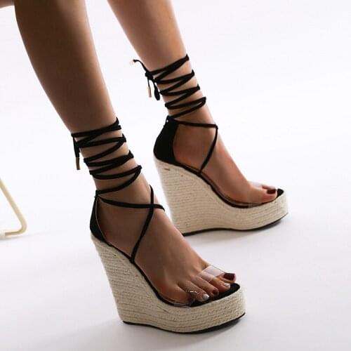High Quality Straw Weave Platform Wedges PVC Sandals Summer New Lace-Up High Heels Ankle Wrap Black Women Party Shoes