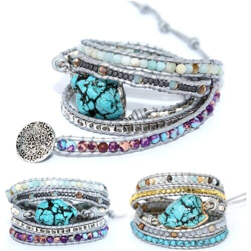 Female Bohemia Wrap Bracelet Handmade Hand Chain Vintage Natural Stone Beaded Leather Bracelet Fashion Ethnic Jewelry Gift