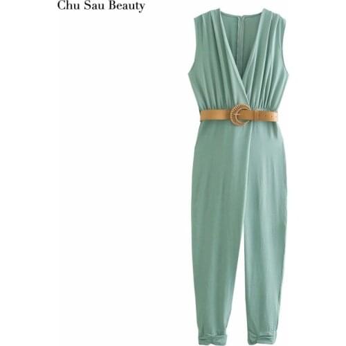 Chu Sau Beauty 2021 New Womens Clothing Fashion All-Match Casual V-Neck Solid Color Jumpsuit With Belt