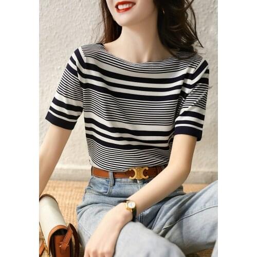 Summer Pullover Sweater Women Black Striped Short Sleeve O-neck 100% Cotton Vintage Cute Sweater Patchwork Simple Slim Fit