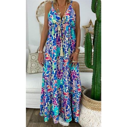 Womens Boho Floral Maxi Dress Party Strappy Summer Beach Sundress Plus Size