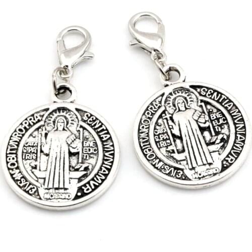 100pcs/lot Zinc Alloy Saint Jesus Benedict Nursia Patron Medal Crucifix Cross Religious Lobster clasp Charm Pendant 39x21mm