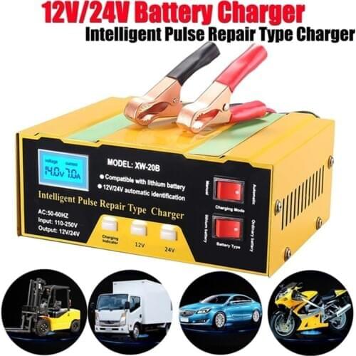 12V/24V Car Battery Charger Tester Intelligent Pulse Repair Charger Digital Display for Car Auto Motorcycle Battery EU UK US