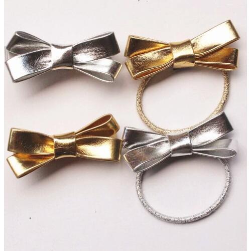 20pc/lot PU Leather Bowknot Girls Hair Clips Cute Gold Silver Shinning Synthetic Hairbands Girls Kids Elastic Hair Ties Hair Bow