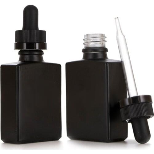 200Pcs 30ml Eye Dropper Bottle Frosted Black Glass Square Durable & Refillable For Essential Oil Liquid Aromatherapy Container