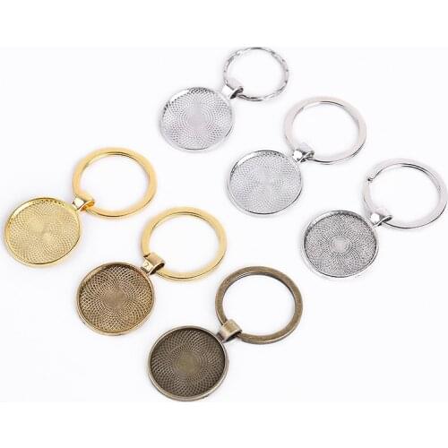 5pcs/lot Keychain With Pendant Bezel Blank Fit 25 30mm Cameo Glass Cabochon Base Setting DIY Keychain Key ring Jewelry Supplies