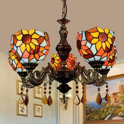 American Pastoral Creative Taiyanghua Vintage Tiffany Colored Glass Living Room Restaurant Bar Club 5 Chandelier
