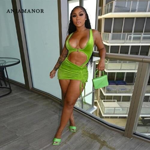 ANJAMANOR Sexy Two Piece Set Women Skirt Bodysuit Rave Wear Club Outfit Festival Clothing Velvet Dress Wholesale Items D16-CG22