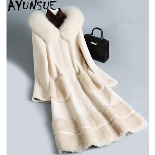 AYUNSUE Fox Fur Collar Sheep Shearling Fur Jackets Winter Jacket Women Real Wool Fur Coat Female Korean Outwear Suede Lining