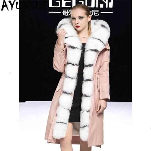 AYUNSUE Real Fur Coat Female Real Rabbit Fur Liner Parka Winter Jacket Women Fox Fur Collar Korean Long Jackets Veste Femme MY