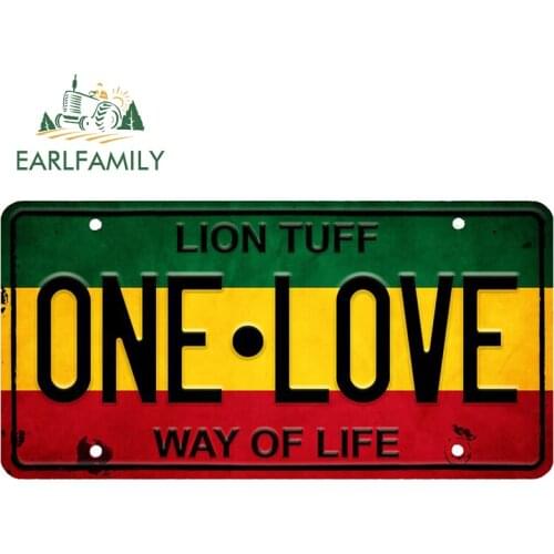 EARLFAMILY 13cm x 6.6cm for Vintage Rasta License Plate ONE LOVE Vinyl Car Stickers Refrigerator DIY Decal Surfboard Decoration
