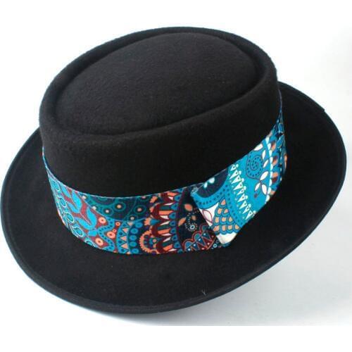 2019 Men Women Pork Pie Hat With Blue Ribbon Dad Wool Fedora Hat Trilby Fascinator Flat fedora Jazz Hat Dance Party Hat