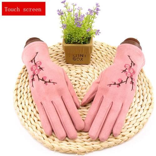 Winter warm cashmere plus velvet multi-function touch screen cycling gloves full finger a plum pattern ladies suede gloves B15