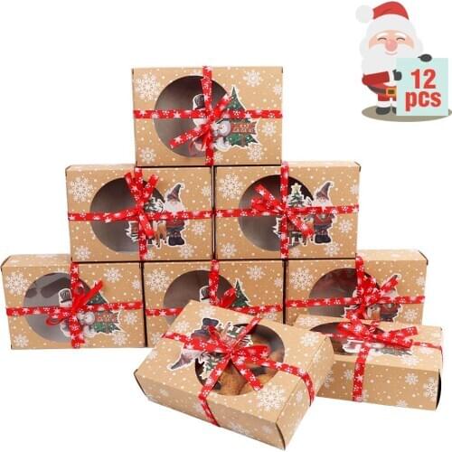 OurWarm 12pcs Christmas Cookie Gift Boxes New Year Favors Boxes with Clear Window Kraft Paper Boxes Candy Arts Package Box