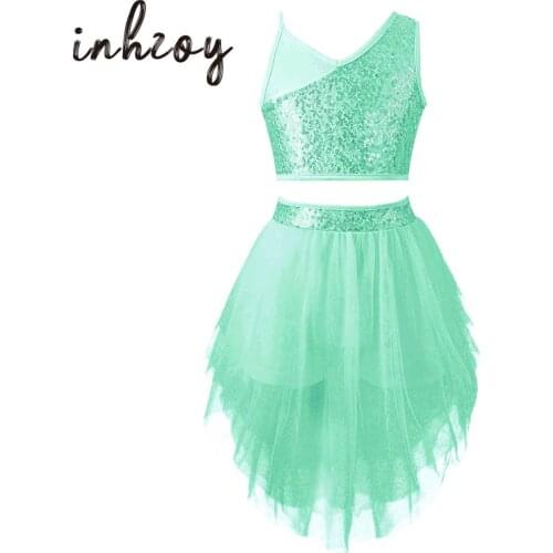 Kids Girls Sequins Contemporary Lyrical Dance Costumes Gymnastics Top Skirt Set Girls Ballet Tutu Dance Wear
