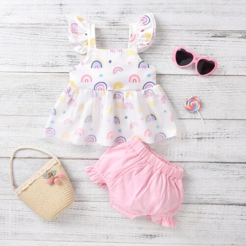 0-12M Summer Baby Girls Lovely Clothes Sets 2pcs Rainbow/Sun Printed Ruffles Fly Sleeve Lace Dress Tops Shorts