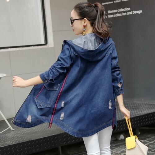 Summer Women Denim Outerwear New Slim Cowboy Jacket Womens Medium Long Hooded Large Size Ladies Windbreaker Cw350
