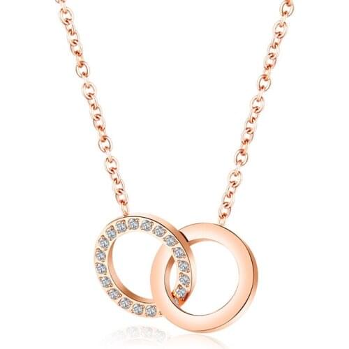 Fashion Mori Double Ring Titanium Steel Pendant Rose Gold Plated Diamond Circle Clavicle Chain Necklace