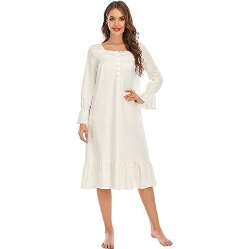 Soft White Cotton Womens Long Nightgowns Long Sleeve Elegant Autumn Spring Female Princess Elegant Loose Nighty Dress Homewear