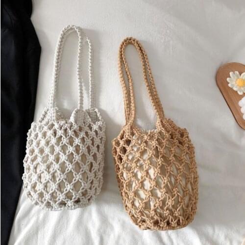 2021 Brand New Women Woven Shoulder Bag Lightweight Hollow Bucket Purse Handbag with Long Handle
