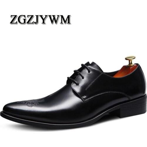 ZGZJYWM New Breathable Black/Red/Brown Dress Genuine Leather Carved Style Pointed Toe Lace-Up Business Wedding Dress Shoes