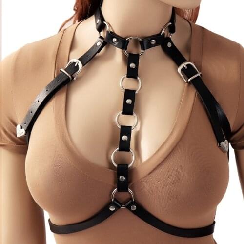 Sexy Leather Neck Restraints Bandage Collar Body Bondage Harness Cupless Bra Belt Lingerie Goth Women BDSM Erotic Accessories