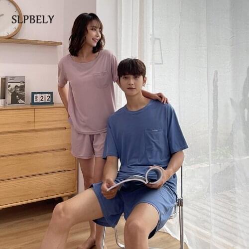 SLPBELY Solid Couple Pajamas Set Homesuit Summer Short Sleeve Soft Female Male Pyjamas 2-Piece Lovers Homewear Set Sleepwear New