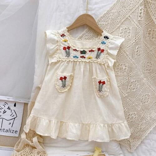 Girls Dresses 2021 Summer Casual Embroidered Pocket Dress Kids Clothes Sweet Children Party Baby Clothing Costume 3-8 Y