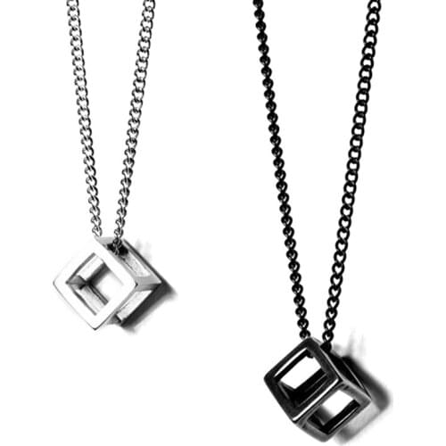 Retro Hollow Cube Pendant for Men Square Vintage Necklace Punk Geometric Collier Chain Pendant Necklace