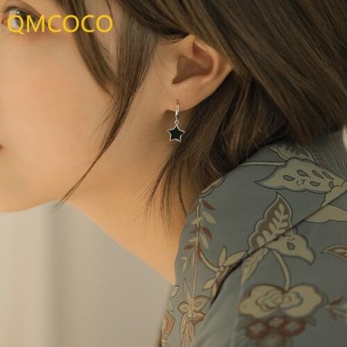 QMCOCO 925 Silver Black Star-Shape Ear Hole Hoop Earring Korean Individual Character Contracted Eardrop FashionWoman Jewelry
