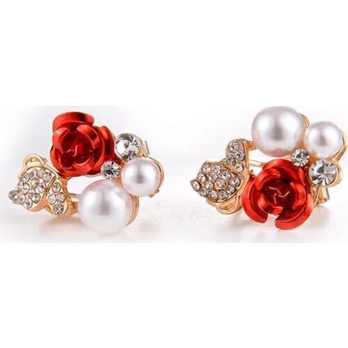 Luxurious Red Rose Flower Pearl Ear Clip Earrings Exquisite Womens Wedding Party Crystal Jewelry Romantic Valentines Day Gift