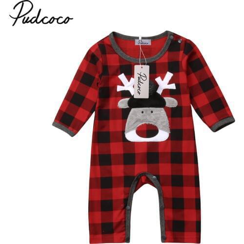 Newborn Baby Girls Boy Elk Christmas Romperb Babies One-piece Plaids Jumpsuit Clothes Outfits 0-18M