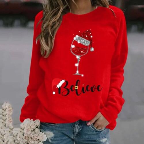 S-3XL Oversize Christmas 2020 Womens Christmas Red Wine Glass Print Regular Long-sleeved Sweatshirt Casual Blouse Pullover Tops